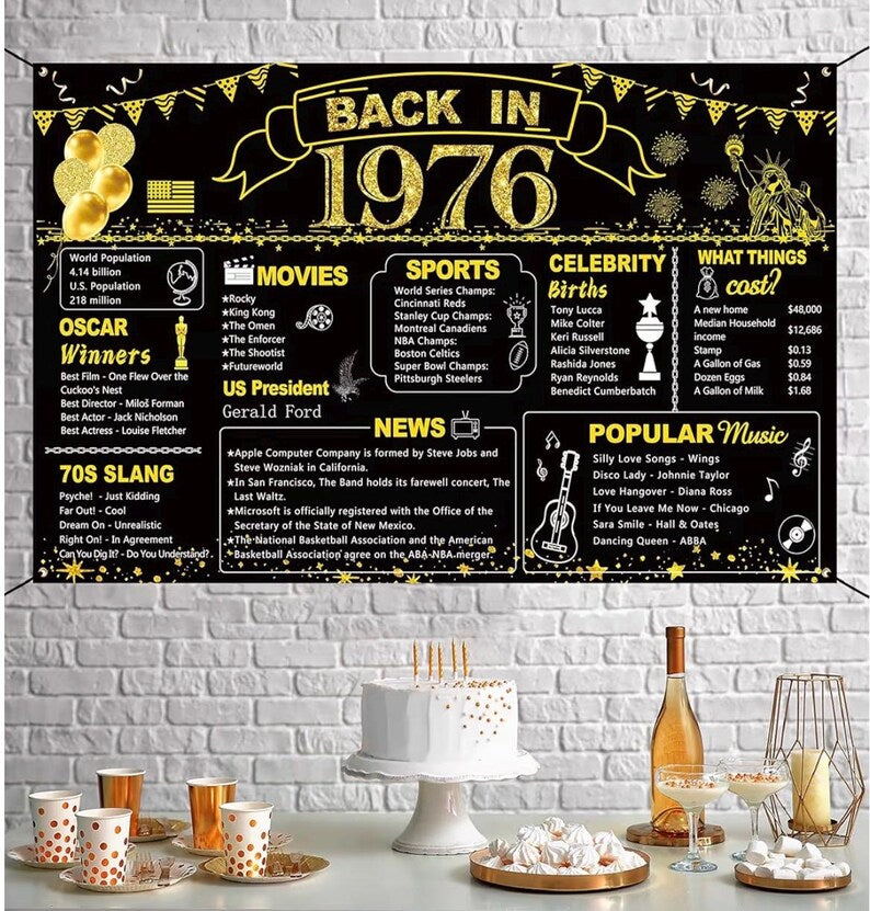 50th Birthday Black Gold Party Decoration, Back in 1976 Banner 50 Year Old Birthday Party Poster Supplies Vintage 1976 Backdrop Photography