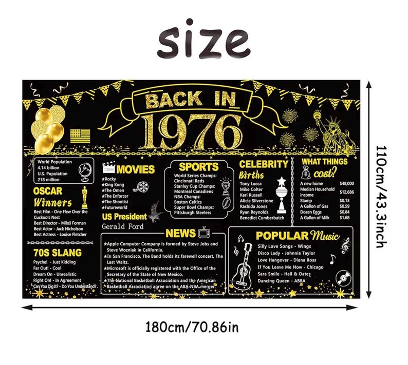 50th Birthday Black Gold Party Decoration, Back in 1976 Banner 50 Year Old Birthday Party Poster Supplies Vintage 1976 Backdrop Photography