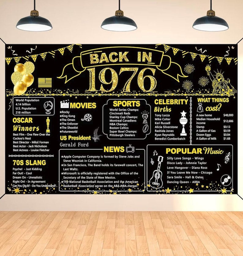50th Birthday Black Gold Party Decoration, Back in 1976 Banner 50 Year Old Birthday Party Poster Supplies Vintage 1976 Backdrop Photography