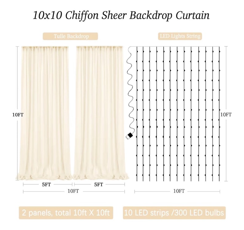 Ivory Sheer Backdrop Curtains with Lights String for Parites Wedding Tulle Backdrop Curtains for Baby Shower Birthday Party Photo Background