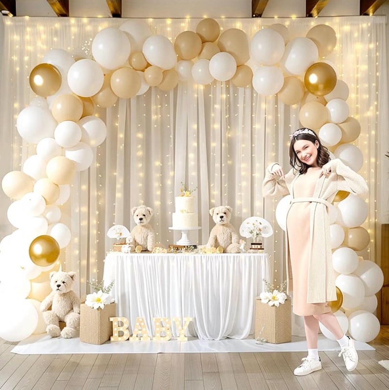 Ivory Sheer Backdrop Curtains with Lights String for Parites Wedding Tulle Backdrop Curtains for Baby Shower Birthday Party Photo Background