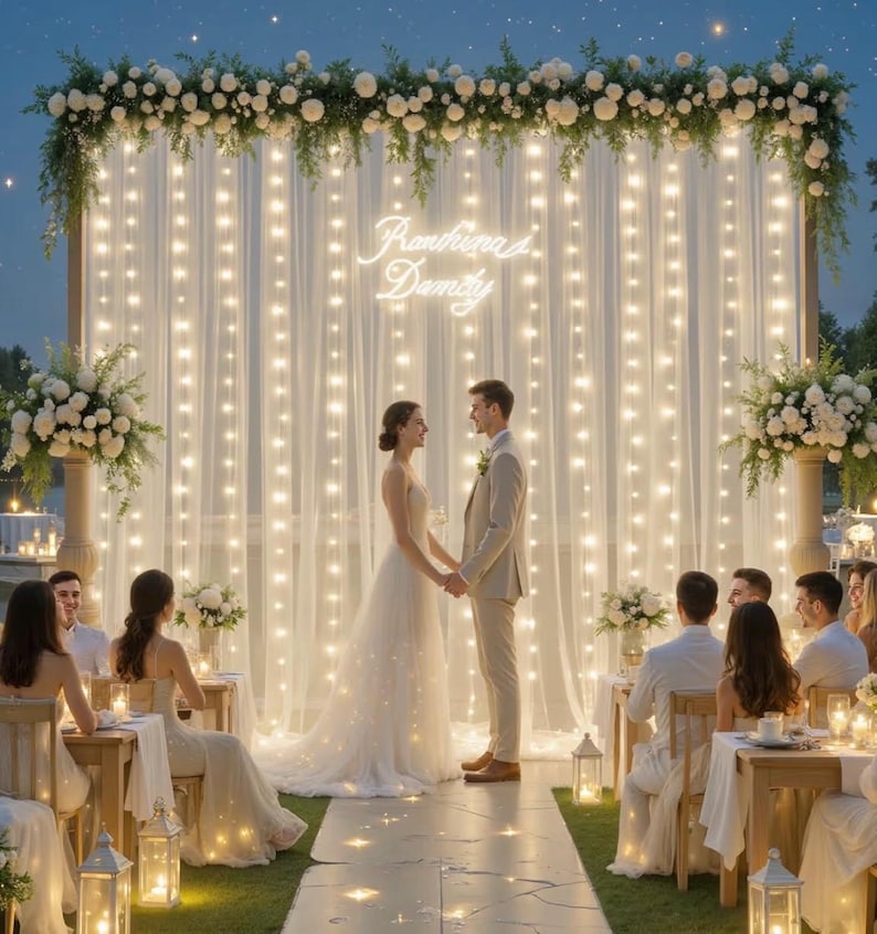 Ivory Sheer Backdrop Curtains with Lights String for Parites Wedding Tulle Backdrop Curtains for Baby Shower Birthday Party Photo Background
