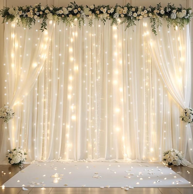 Ivory Sheer Backdrop Curtains with Lights String for Parites Wedding Tulle Backdrop Curtains for Baby Shower Birthday Party Photo Background