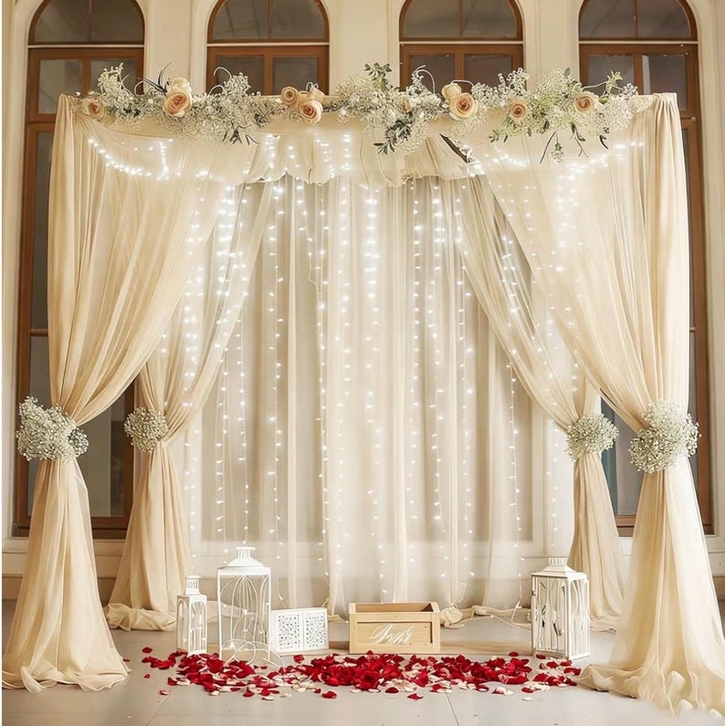 Ivory Sheer Backdrop Curtains with Lights String for Parites Wedding Tulle Backdrop Curtains for Baby Shower Birthday Party Photo Background