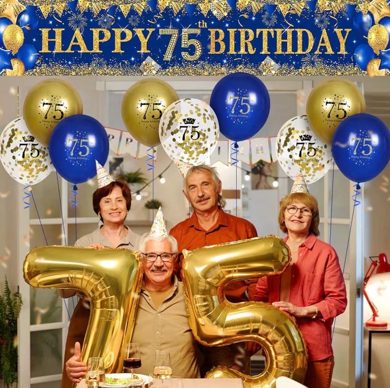 Blue Gold 75th Birthday Decorations for Men Women, Navy Blue Gold Happy 75th Birthday Party Yard Banner 18 PCS 75 th Balloons for 75 Years
