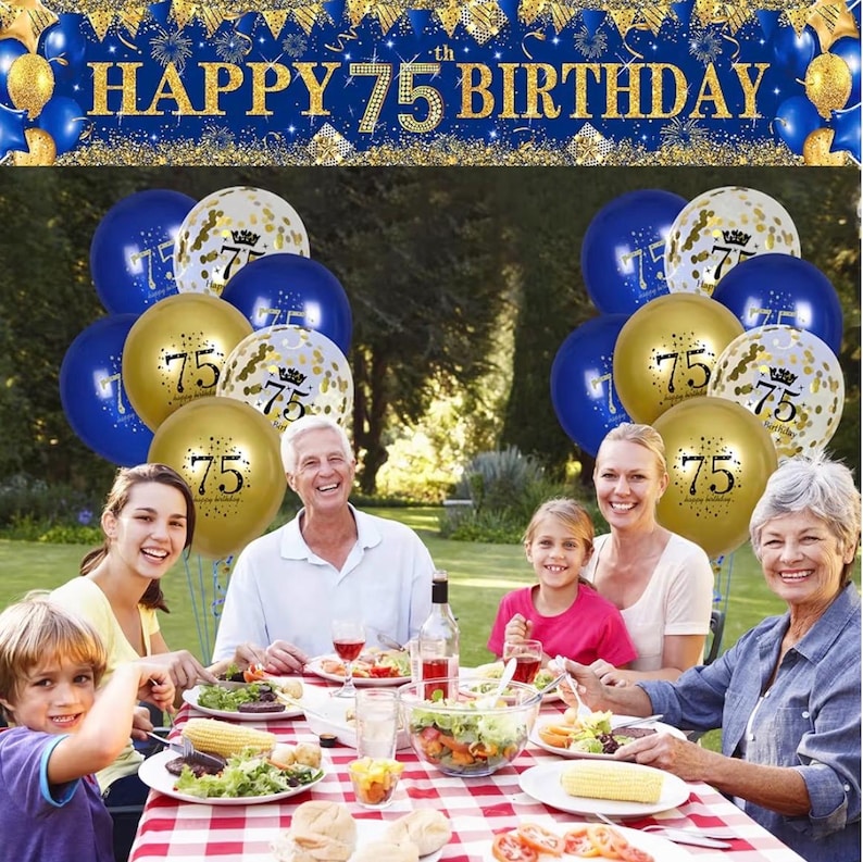 Blue Gold 75th Birthday Decorations for Men Women, Navy Blue Gold Happy 75th Birthday Party Yard Banner 18 PCS 75 th Balloons for 75 Years