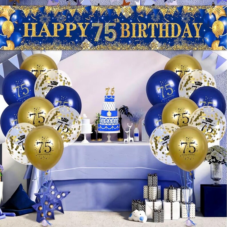 Blue Gold 75th Birthday Decorations for Men Women, Navy Blue Gold Happy 75th Birthday Party Yard Banner 18 PCS 75 th Balloons for 75 Years