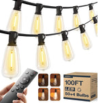 Outdoor String Lights 100FT with Remote, Waterproof Patio Lights, Dimmable Backyard Lights, Shatterproof Bulbs, Pergola Deck Garden Decor