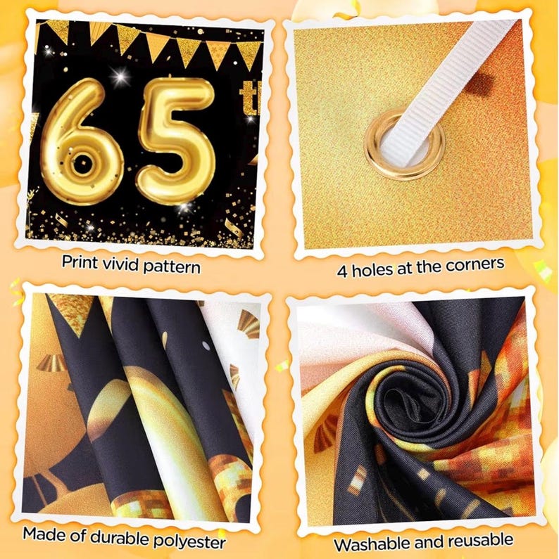 65th Birthday Decorations for Men Women - Black and Gold Yard Banner Sign and 18 PCS Happy Birthday Balloons for Anniversary Party Supplies