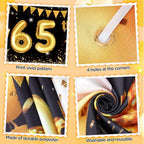 65th Birthday Decorations for Men Women - Black and Gold Yard Banner Sign and 18 PCS Happy Birthday Balloons for Anniversary Party Supplies