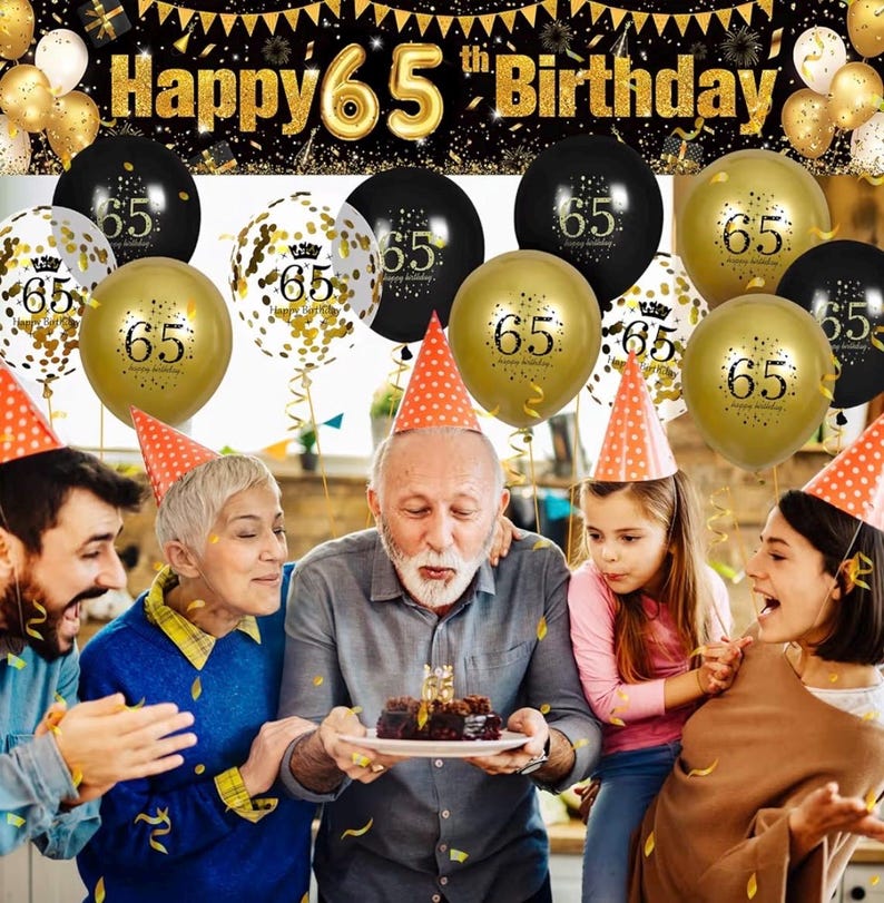 65th Birthday Decorations for Men Women - Black and Gold Yard Banner Sign and 18 PCS Happy Birthday Balloons for Anniversary Party Supplies