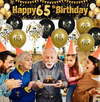 65th Birthday Decorations for Men Women - Black and Gold Yard Banner Sign and 18 PCS Happy Birthday Balloons for Anniversary Party Supplies