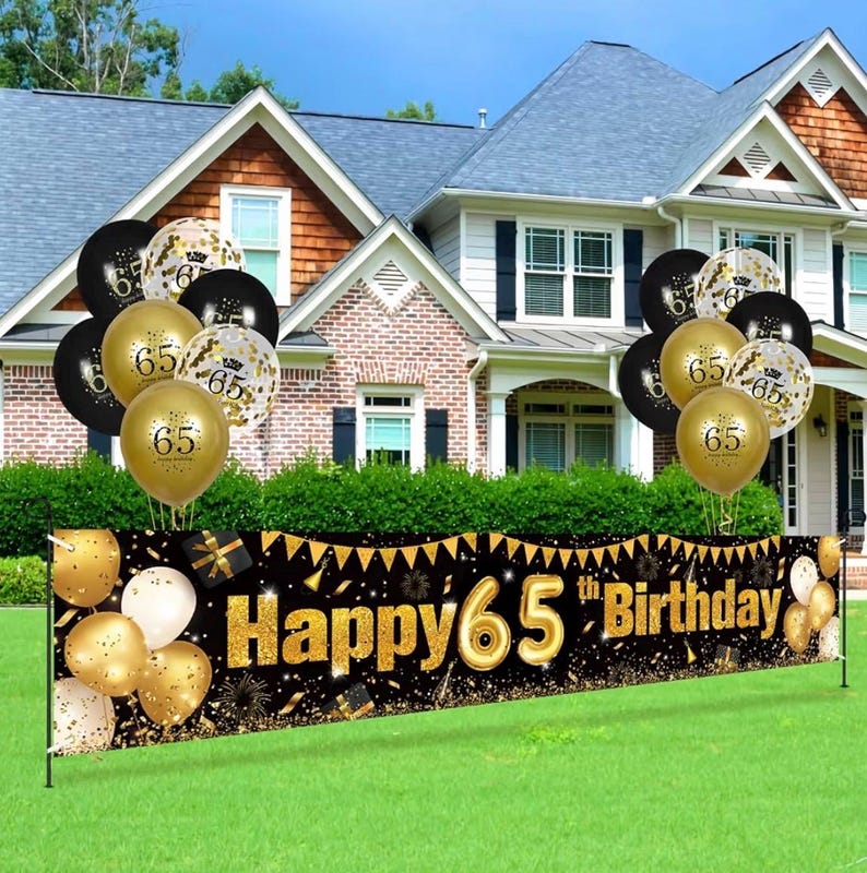 65th Birthday Decorations for Men Women - Black and Gold Yard Banner Sign and 18 PCS Happy Birthday Balloons for Anniversary Party Supplies