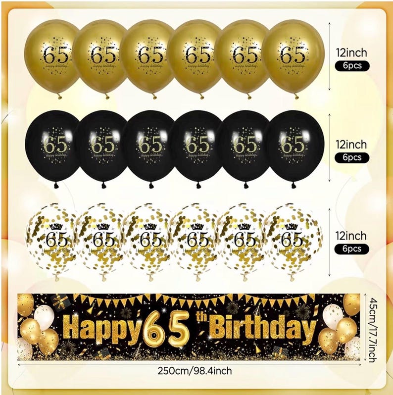 65th Birthday Decorations for Men Women - Black and Gold Yard Banner Sign and 18 PCS Happy Birthday Balloons for Anniversary Party Supplies