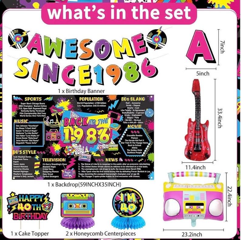 40th Birthday Decorations for Men Women - Back in 1986 Backdrop, Awesome Since 1986 Banner, Hanging Swirls, Honeycomb Centerpieces