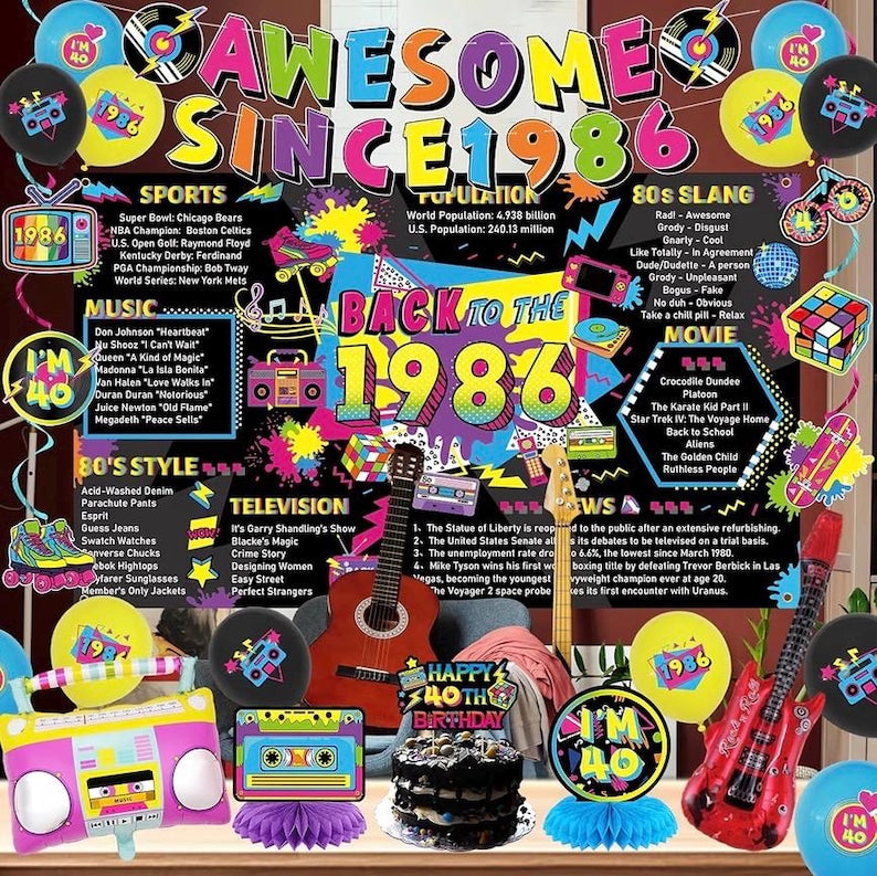 40th Birthday Decorations for Men Women - Back in 1986 Backdrop, Awesome Since 1986 Banner, Hanging Swirls, Honeycomb Centerpieces