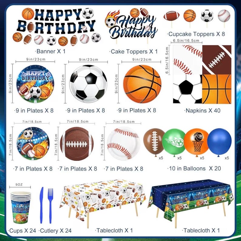 191 PCS Sports Birthday Party Decorations Includes Plates, Napkins, Cups, Knives, Forks, Banner, Cake & Cupcake Toppers, Sports Themed Party