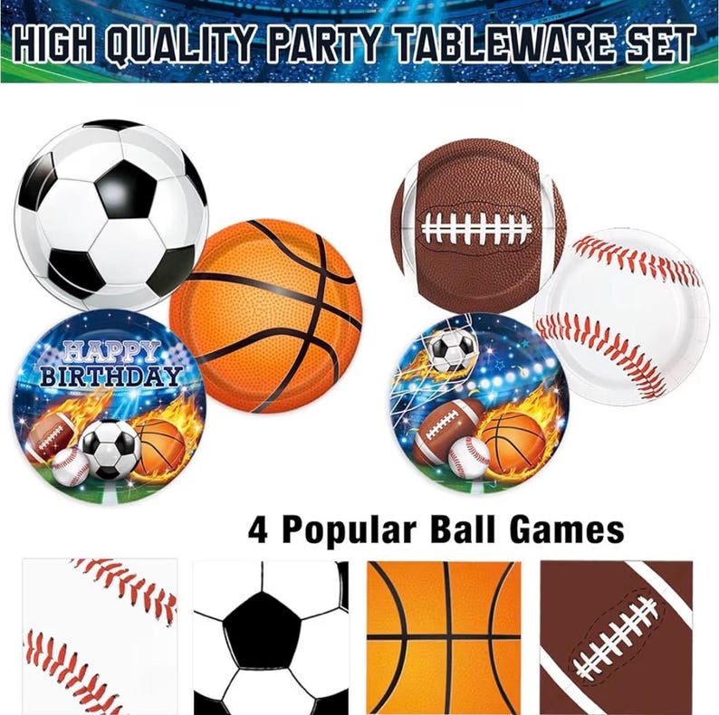 191 PCS Sports Birthday Party Decorations Includes Plates, Napkins, Cups, Knives, Forks, Banner, Cake & Cupcake Toppers, Sports Themed Party