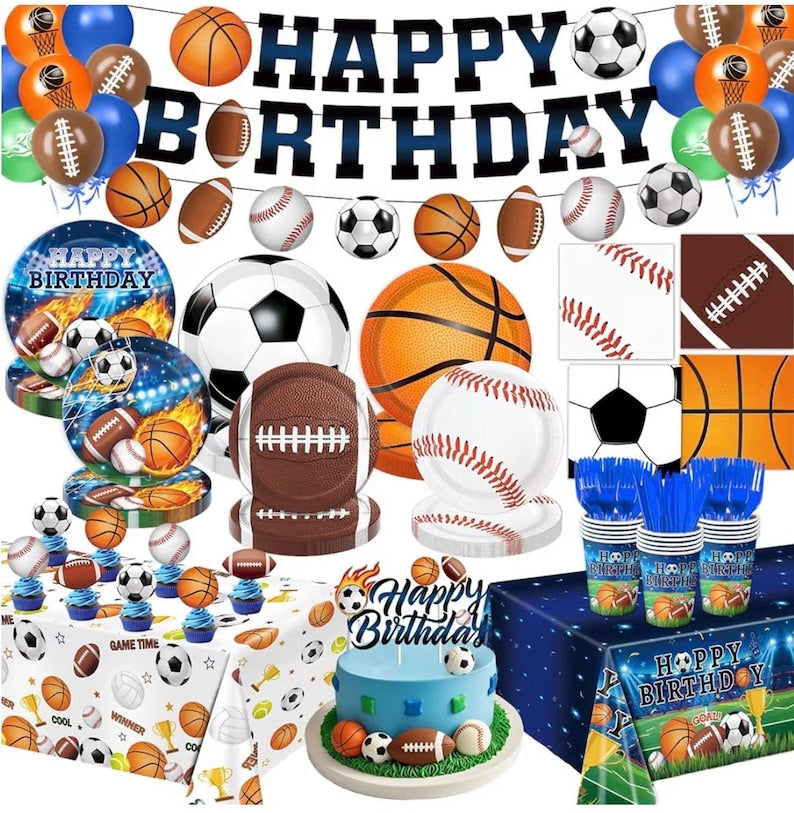 191 PCS Sports Birthday Party Decorations Includes Plates, Napkins, Cups, Knives, Forks, Banner, Cake & Cupcake Toppers, Sports Themed Party