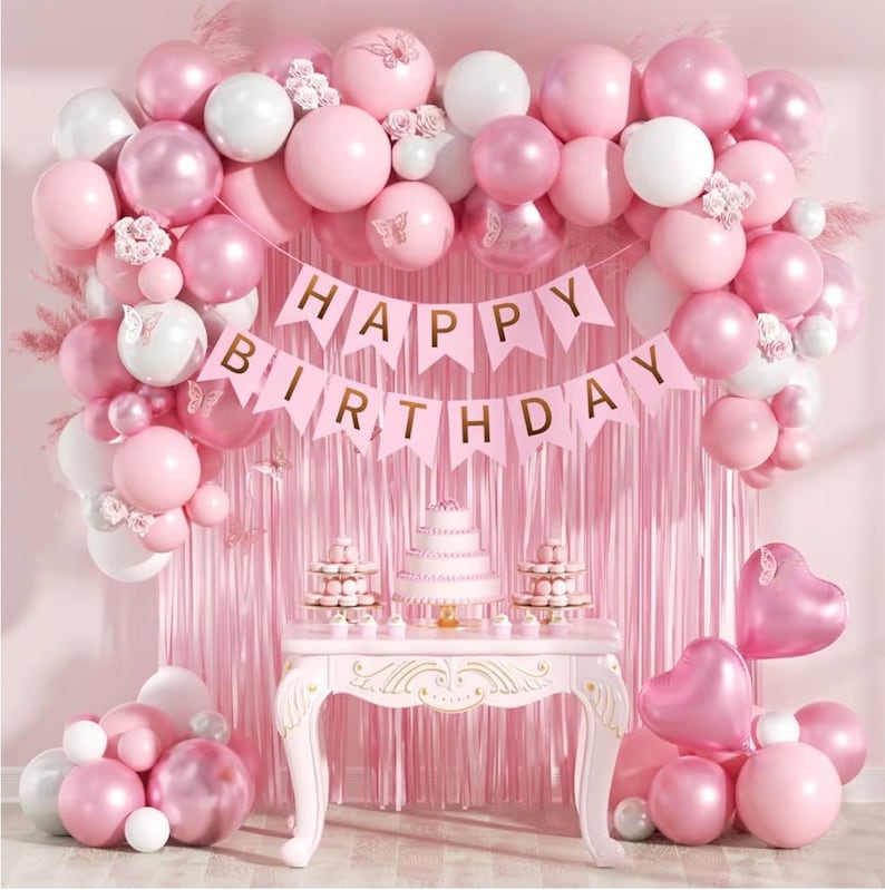 Pink Birthday Decorations with Pearl White Light Pearl Metallic Pink Foil Balloons Fringe Curtain Banner for Happy Birthday Decorations