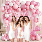 Pink Birthday Decorations with Pearl White Light Pearl Metallic Pink Foil Balloons Fringe Curtain Banner for Happy Birthday Decorations