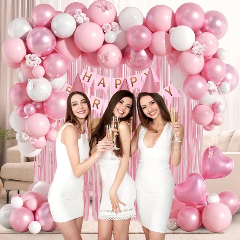 Pink Birthday Decorations with Pearl White Light Pearl Metallic Pink Foil Balloons Fringe Curtain Banner for Happy Birthday Decorations