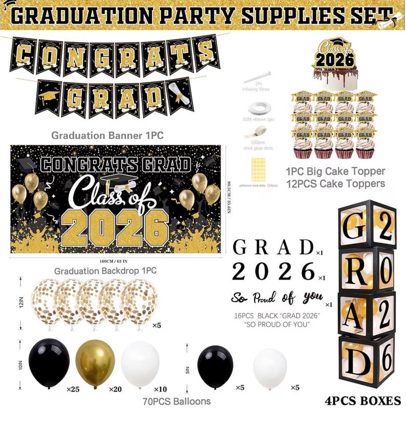 Graduation Decorations 2026 Black and Gold Balloon Boxes with Letters , Large Class of 2026 Backdrop Banner , 70pcs Balloon Garland Arch Kit