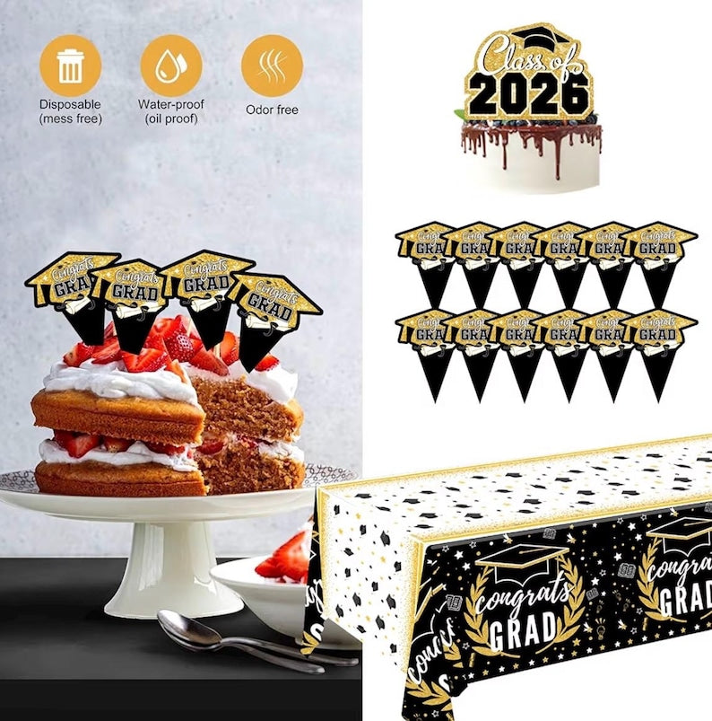 Graduation Decorations 2026 Black and Gold Balloon Boxes with Letters , Large Class of 2026 Backdrop Banner , 70pcs Balloon Garland Arch Kit