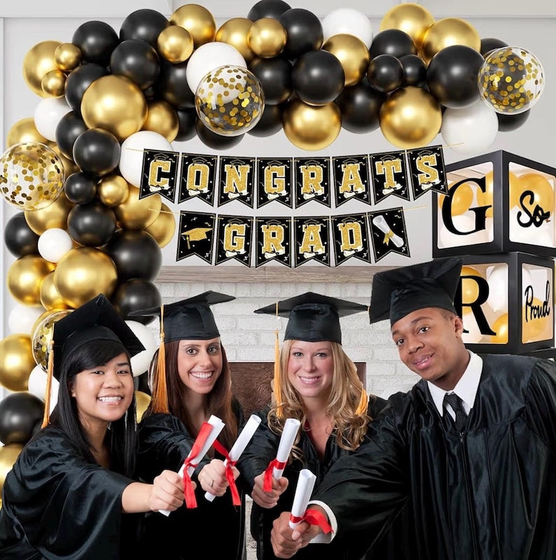Graduation Decorations 2026 Black and Gold Balloon Boxes with Letters , Large Class of 2026 Backdrop Banner , 70pcs Balloon Garland Arch Kit
