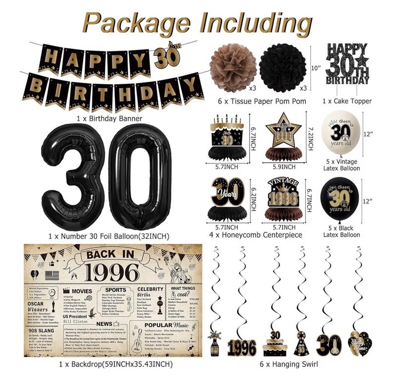 30th Birthday Party Decorations for Men Women, Vintage Back in 1996 Banner, Black 30 Number Balloons & Cake Topper, Vintage 1996 30 Birthday