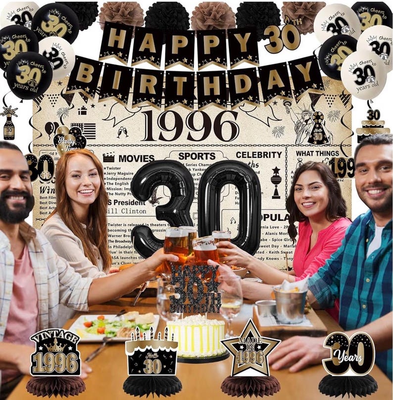 30th Birthday Party Decorations for Men Women, Vintage Back in 1996 Banner, Black 30 Number Balloons & Cake Topper, Vintage 1996 30 Birthday