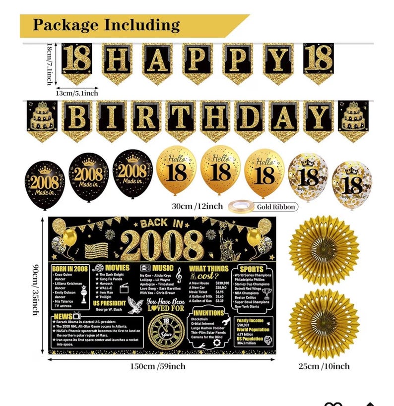 18th Birthday Decorations Kit for Boys Men, Black Gold 24PCS Back in 2008 Banner Decorations , Vintage 2008 Banner Wooden Table Sign Poster