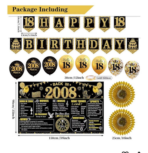 18th Birthday Decorations Kit for Boys Men, Black Gold 24PCS Back in 2008 Banner Decorations , Vintage 2008 Banner Wooden Table Sign Poster