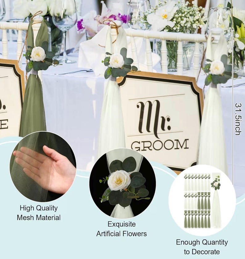 24 Set Large Wedding Aisle Decorations 31.5in. for Chair Hydrangea/Gardenia Flowers with Long Tulle Tails,Church Pew Wedding Decor for Bench