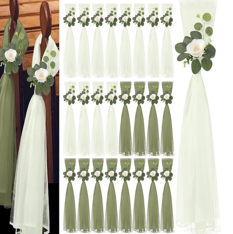 24 Set Large Wedding Aisle Decorations 31.5in. for Chair Hydrangea/Gardenia Flowers with Long Tulle Tails,Church Pew Wedding Decor for Bench