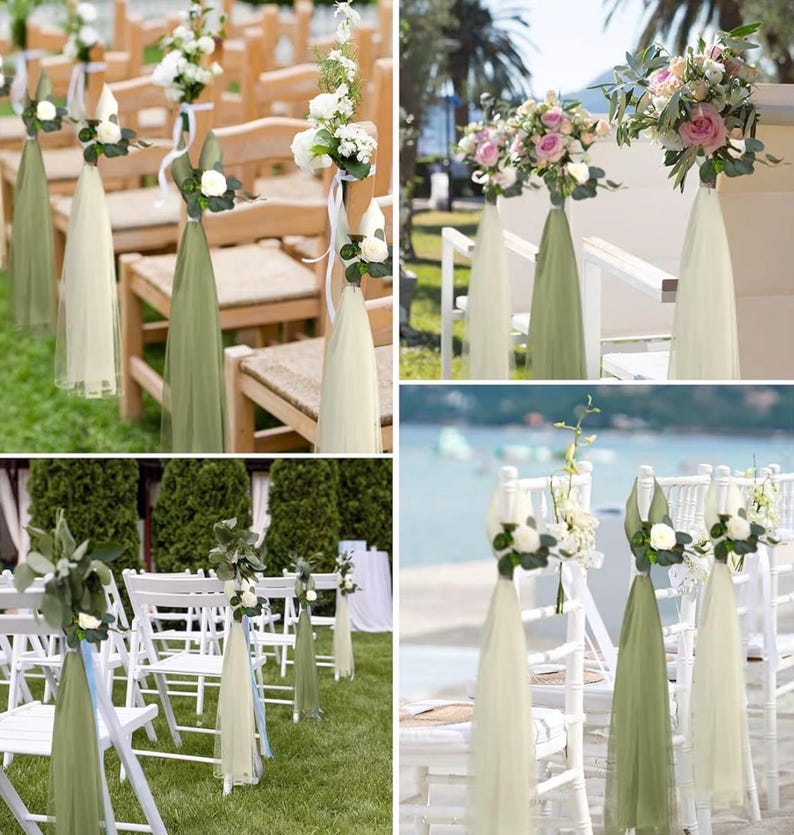 24 Set Large Wedding Aisle Decorations 31.5in. for Chair Hydrangea/Gardenia Flowers with Long Tulle Tails,Church Pew Wedding Decor for Bench