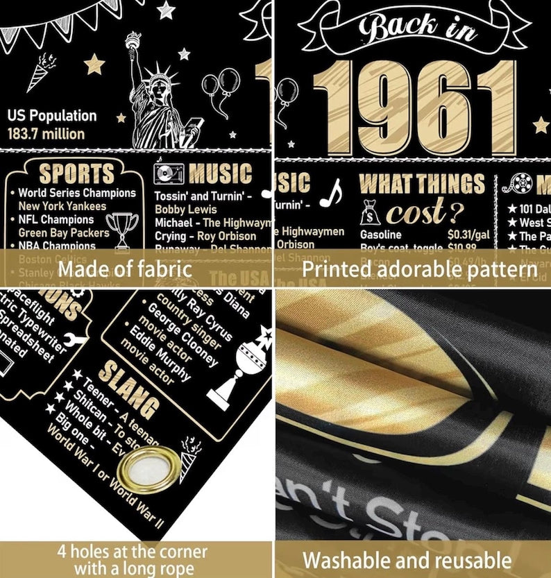 65th Birthday Decorations Back in 1961 Banner Backdrop for Women Men, Black Gold Happy 65 Birthday Sign Poster Party Supplies,65 Years Old
