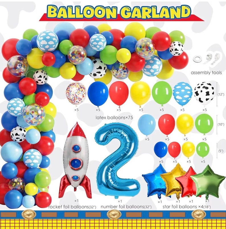 Two Infinity and Beyond Birthday Decorations Cartoon Story 2nd Birthday Party Supplies Include Balloon Arch Banner Backdrop Tablecloth Crown