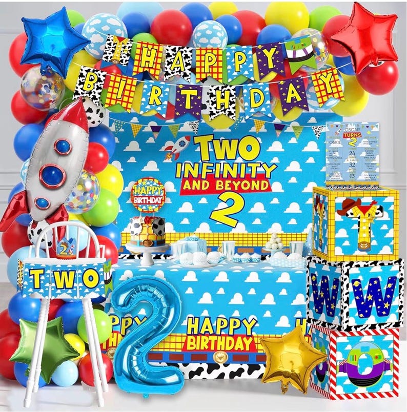 Two Infinity and Beyond Birthday Decorations Cartoon Story 2nd Birthday Party Supplies Include Balloon Arch Banner Backdrop Tablecloth Crown