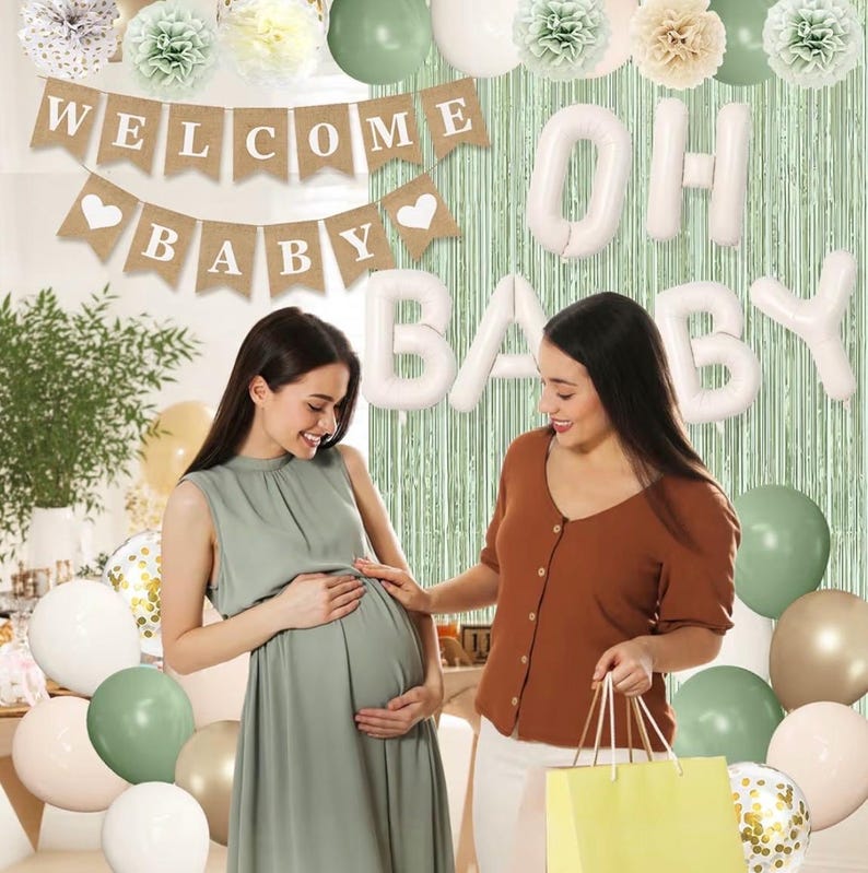 Party Sage Green Baby Shower Decorations for Baby, Green Balloons with WELCOME BABY Banner Fringe Curtains Foil Balloons Paper Flower