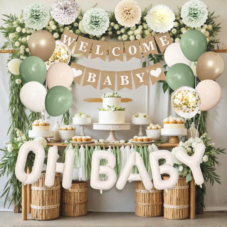 Party Sage Green Baby Shower Decorations for Baby, Green Balloons with WELCOME BABY Banner Fringe Curtains Foil Balloons Paper Flower