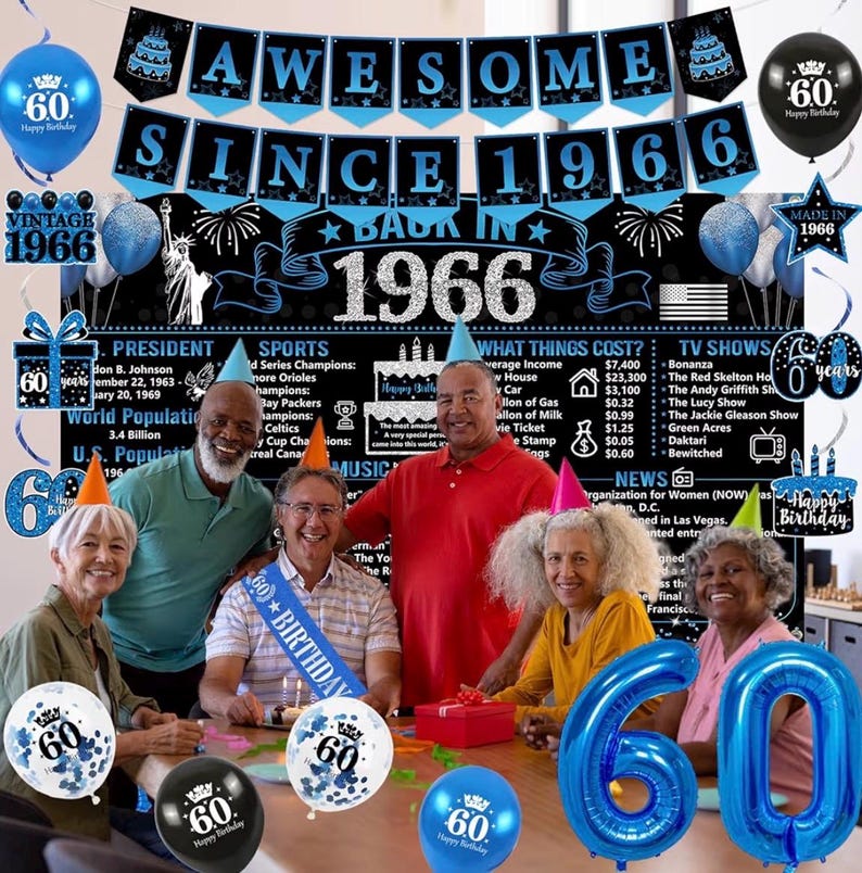 Back in 1966 Birthday Decorations for Men, 20PCS Black Blue 60th Birthday Party Supplies, Blue Back in 1966 Poster Banner, Sash, Cake Topper