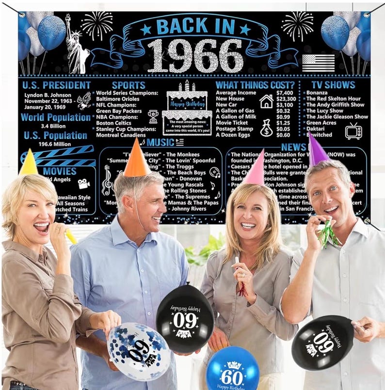 Back in 1966 Birthday Decorations for Men, 20PCS Black Blue 60th Birthday Party Supplies, Blue Back in 1966 Poster Banner, Sash, Cake Topper