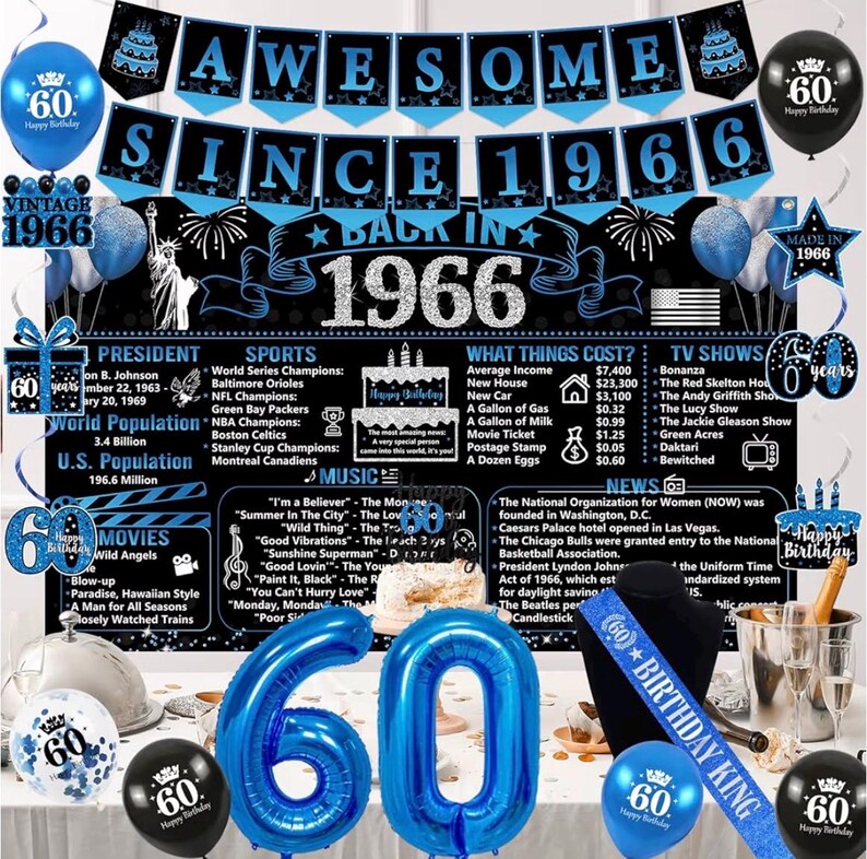 Back in 1966 Birthday Decorations for Men, 20PCS Black Blue 60th Birthday Party Supplies, Blue Back in 1966 Poster Banner, Sash, Cake Topper