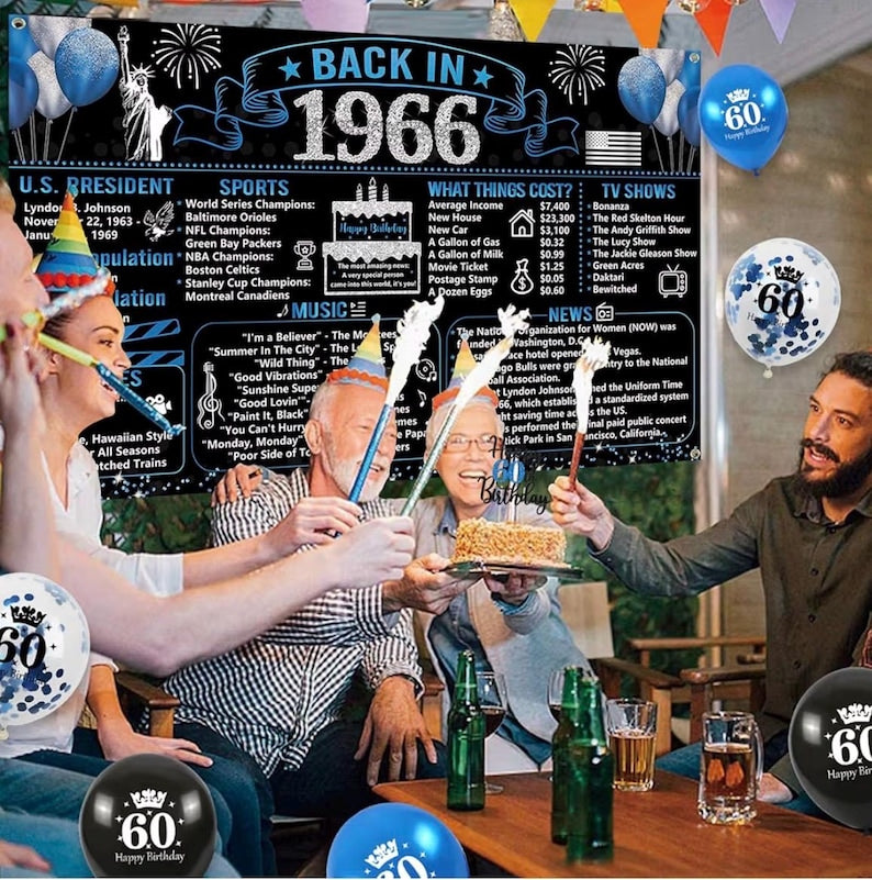 Back in 1966 Birthday Decorations for Men, 20PCS Black Blue 60th Birthday Party Supplies, Blue Back in 1966 Poster Banner, Sash, Cake Topper