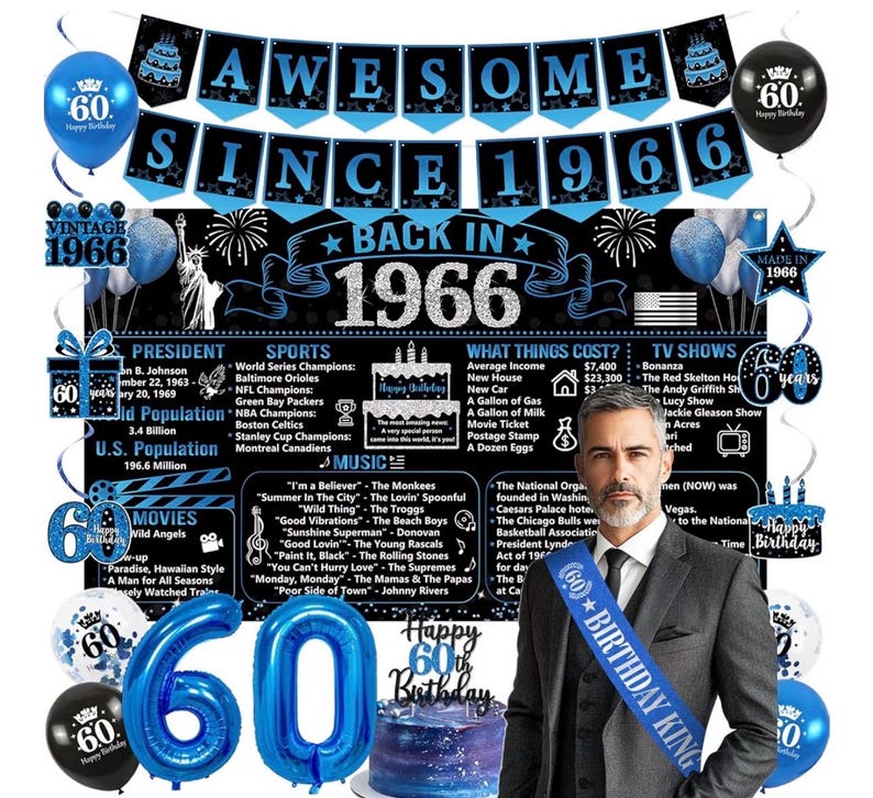 Back in 1966 Birthday Decorations for Men, 20PCS Black Blue 60th Birthday Party Supplies, Blue Back in 1966 Poster Banner, Sash, Cake Topper