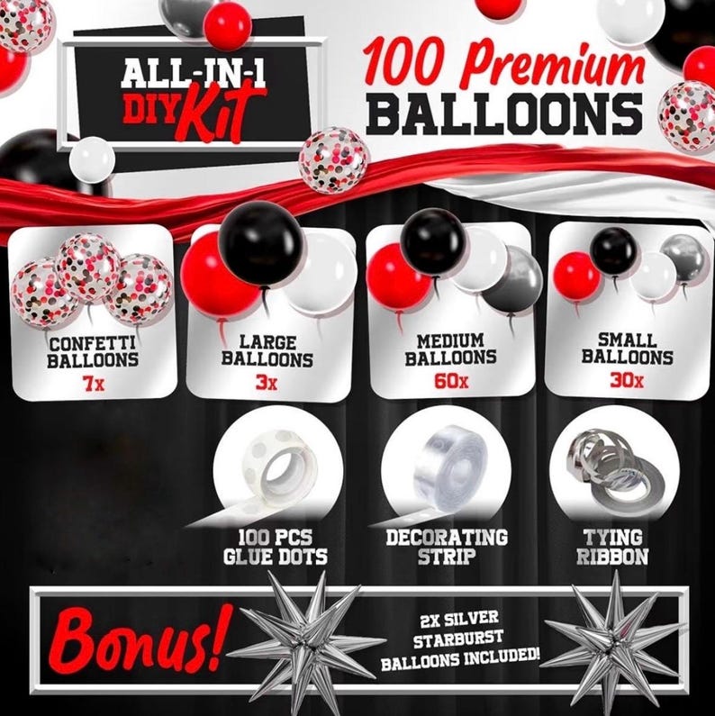 ALL-IN-1 Red Black and White Balloon Arch Kit for Red and Black Birthday Party Decorations – Red and Black Balloons for White Black and Red