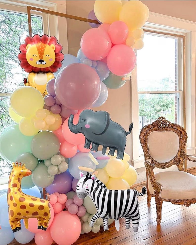 Cute Animal Balloon Garland Arch, 152Pcs Colorful Balloons with Zebra Elephant Giraffe and Lion Foil Balloons for Baby Shower Kids Woodland