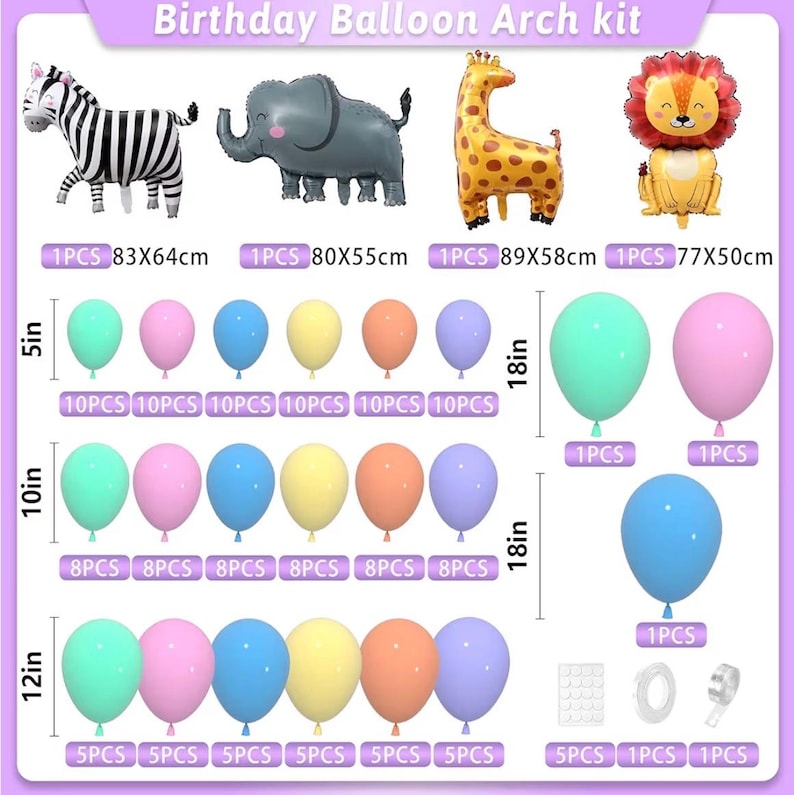 Cute Animal Balloon Garland Arch, 152Pcs Colorful Balloons with Zebra Elephant Giraffe and Lion Foil Balloons for Baby Shower Kids Woodland