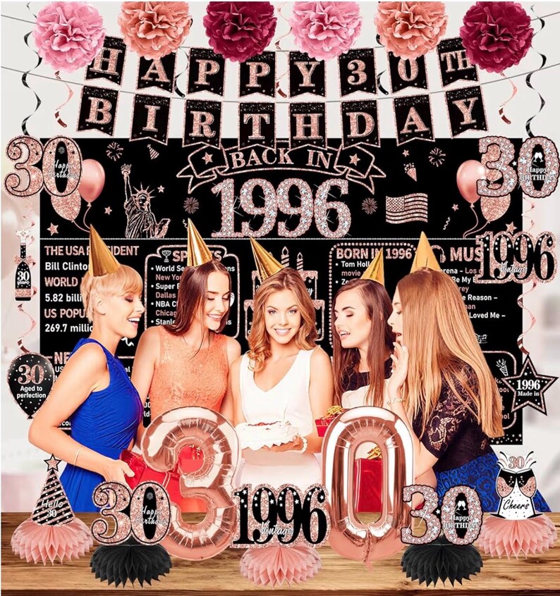 30th Birthday Decorations for Women,21pcs the Year 1996 Banner Balloon Party Supplies, Rose Gold 30 Year Old Birthday Backdrop, 30 Bday Sash